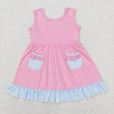 Blue Stripe Ruffles Pink Girls Sleeveless Dress