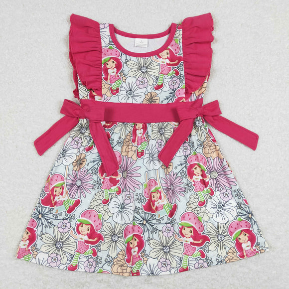 Cartoon Strawberry Floral Girls Flutter Sleeve Dress