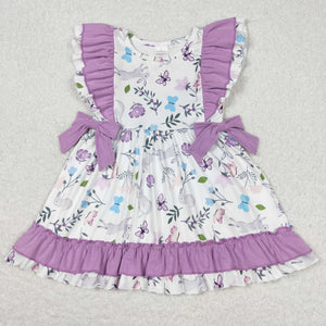 Bunny Floral Purple Bows Ruffles Girls Easter Dress