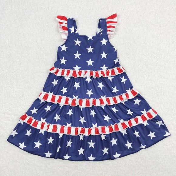 Stars Red Stripe Ruffles Blue Girls 4th of July Dress