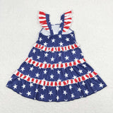 Stars Red Stripe Ruffles Blue Girls 4th of July Dress