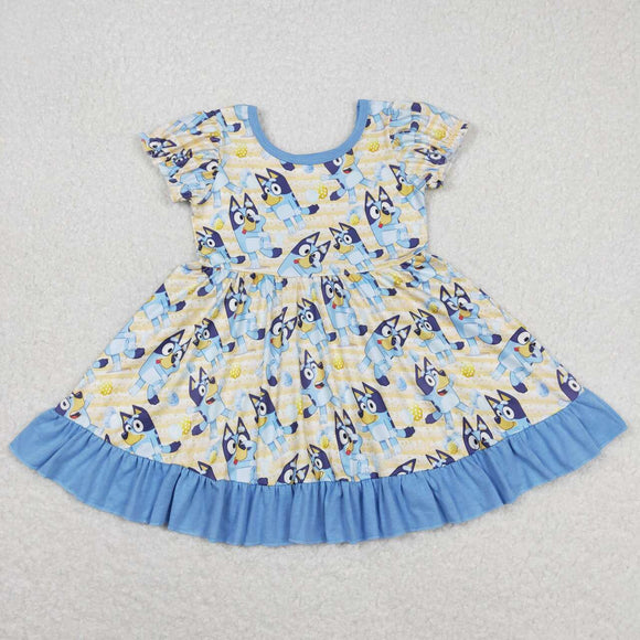 Cartoon Dogs Eggs Blue Ruffles Girls Easter Dress