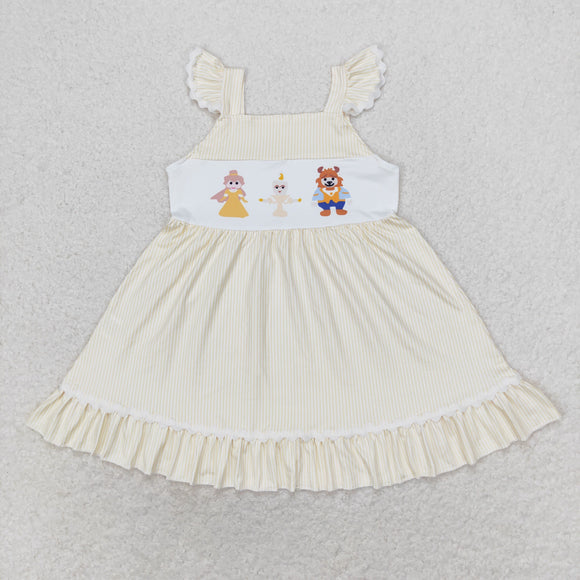 Cartoon Princess Lion Yellow Stripe Girls Flutter Sleeve Dress