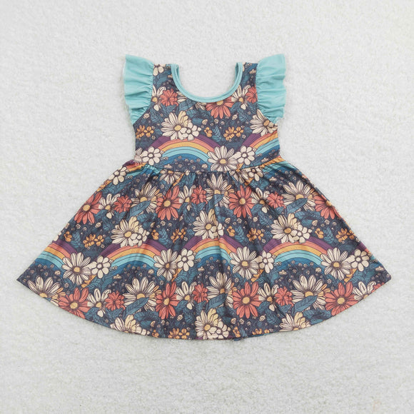 Floral Rainbow Girls Flutter Sleeve Dress