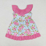 Floral Polka Dots Hot Pink Bow Ruffles Girls Sleeveless Dress