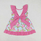 Floral Polka Dots Hot Pink Bow Ruffles Girls Sleeveless Dress