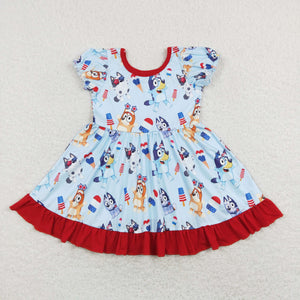 Cartoon Dogs Red Ruffles Blue Girls 4th of July Dress