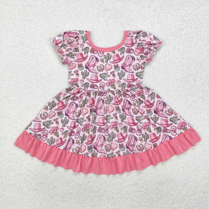 Cactus Boots Pink Ruffles Girls Short Sleeve Dress