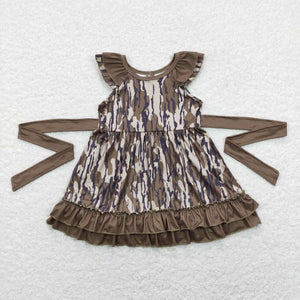 Camo Brown Belt Ruffles Girls Sleeveless Dress