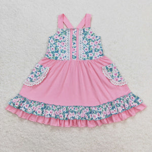 Floral Lace Ruffles Pink Girls Sleeveless Dress