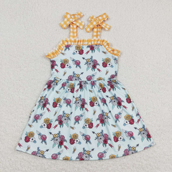 Floral Yellow Plaid Blue Girls Sleeveless Dress