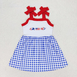 Plane Flag Firework Blue Plaid Red Girls 4th of July Dress