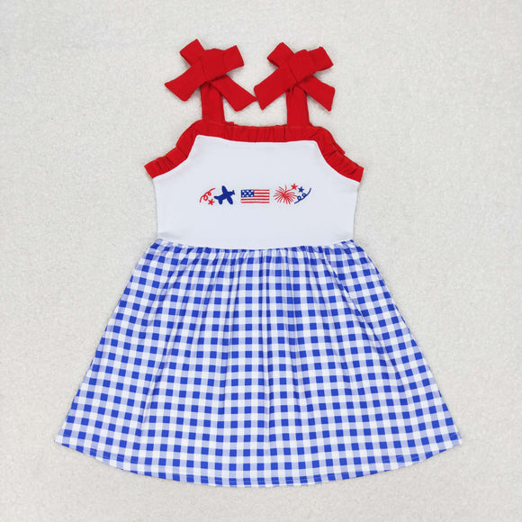 Plane Flag Firework Blue Plaid Red Girls 4th of July Dress