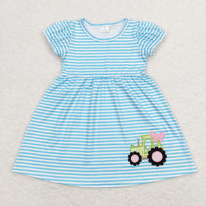 Tractor Bow Blue Stripe Girls Short Sleeve Dress