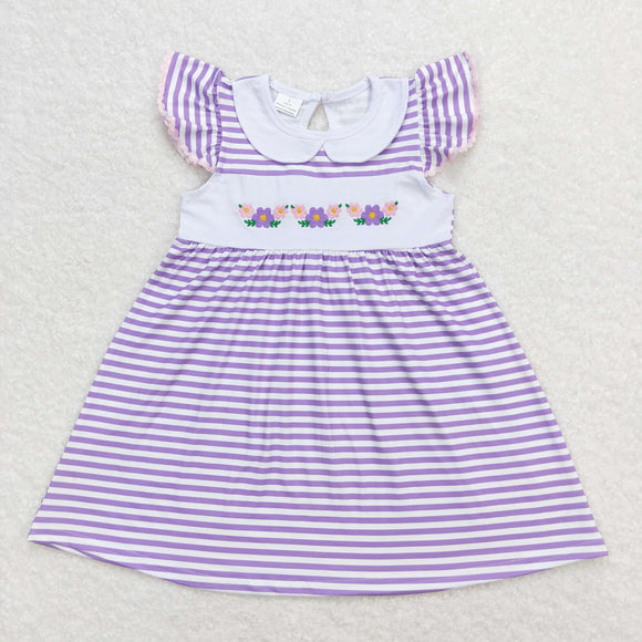 Floral Purple Stripe Girls Flutter Sleeve Dress