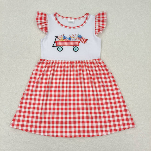 Flag Firework Trolley Red Plaid White Girls 4th of July Dress