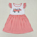 Flag Firework Trolley Red Plaid White Girls 4th of July Dress