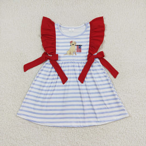 Flag Dog Stripe Red Ruffles Girls 4th of July Dress