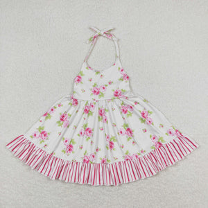 Floral Stripe Ruffles Girls Sleeveless Dress