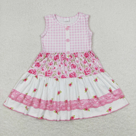 Floral Lace Ruffles Plaid Girls Sleeveless Dress