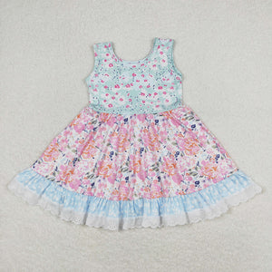 Floral Lace Ruffles Girls Sleeveless Dress