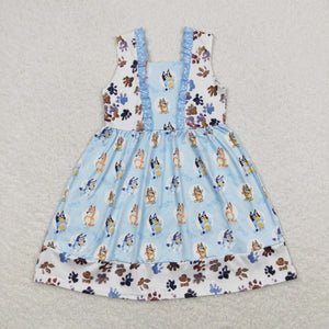 Cartoon Dogs Blue White Girls Sleeveless Dress