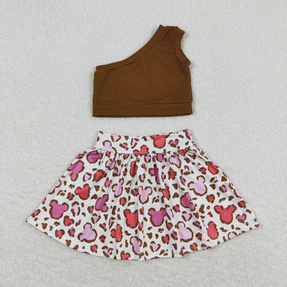 Cartoon Leopard Print Brown Girls Skirt Sets