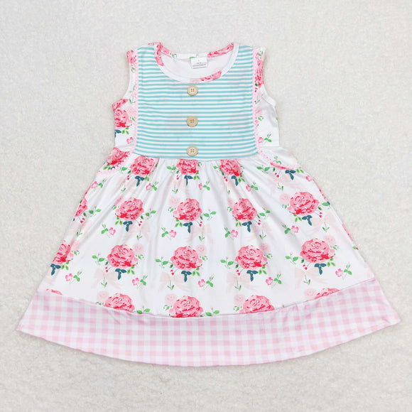 Floral Pink Plaid Ruffles Stripe Girls Sleeveless Dress