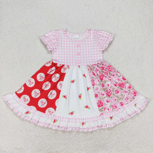 Cartoon Floral Pink Plaid Patchwork Girls Short Sleeve Dress