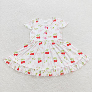 Strawberry Bow Floral Girls Short Sleeve Dress