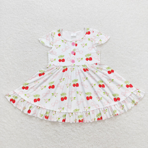 Strawberry Bow Floral Girls Short Sleeve Dress