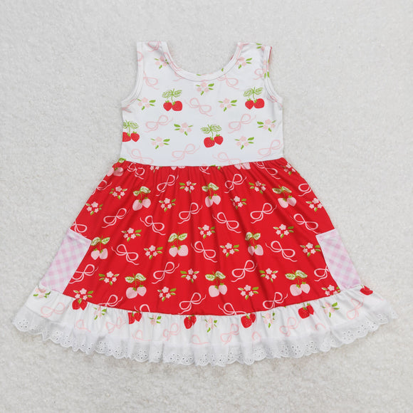 Strawberry Bow Floral Plaid Pockets Girls Sleeveless Dress