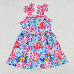 Floral Plaid Ruffles Blue Girls Sleeveless Dress