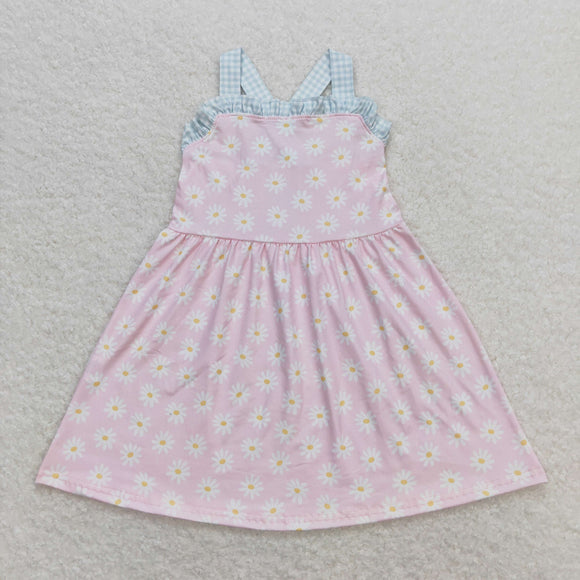 Floral Blue Plaid Ruffles Pink Girls Sleeveless Dress