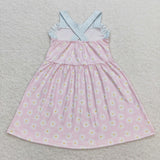 Floral Blue Plaid Ruffles Pink Girls Sleeveless Dress