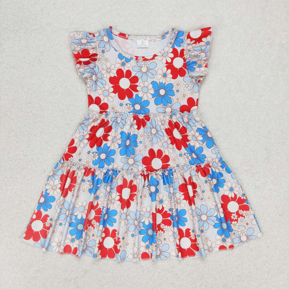 Red Blue Floral Girls 4th of July Dress