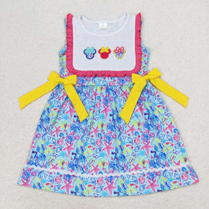 Cartoon Starfish Yellow Bow Hot Pink Girls Sleeveless Dress