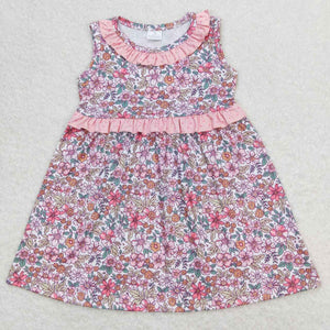 Floral Polka Dots Pink Ruffles Girls Sleeveless Dress