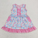 Blue Floral Hot Pink Plaid Pockets Girls Sleeveless Dress