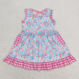 Blue Floral Hot Pink Plaid Pockets Girls Sleeveless Dress