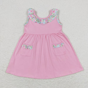 Floral Ruffles Bow Pink Girls Sleeveless Dress