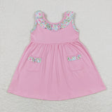 Floral Ruffles Bow Pink Girls Sleeveless Dress