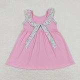 Floral Ruffles Bow Pink Girls Sleeveless Dress