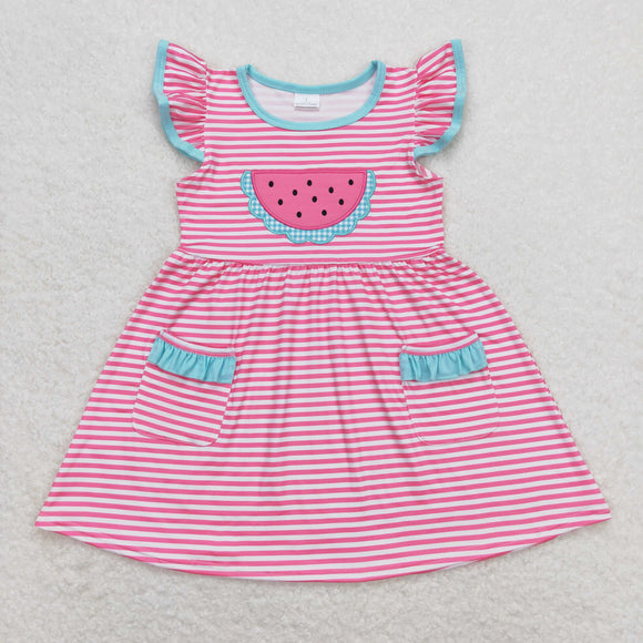 Watermelon Pink Stripe Blue Ruffles Girls Flutter Sleeve Dress