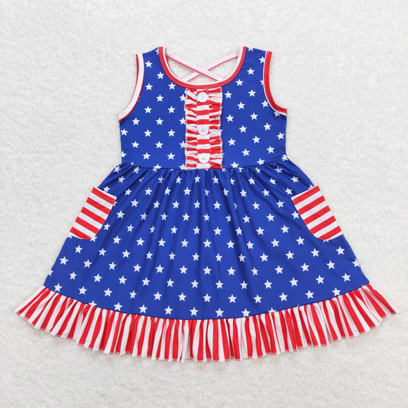 Stars Red White Stripe Ruffles Blue Girls 4th of July Dress