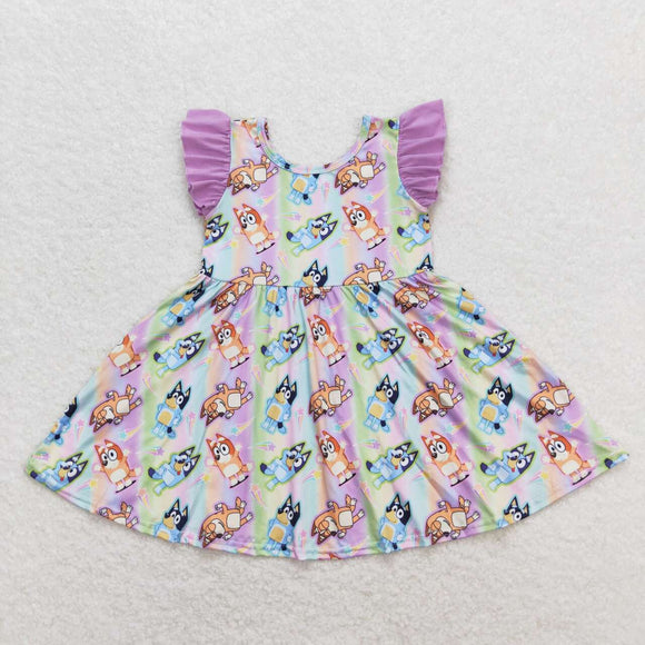 Cartoon Dogs Stars Purple Girls Flutter Sleeve Dress