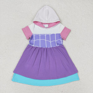 Cartoon Purple Pink Hoodie Girls Short Sleeve Dress