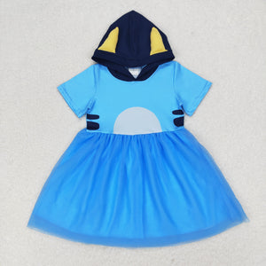 Cartoon Dogs Hoodie Blue Girls Short Sleeve Dress