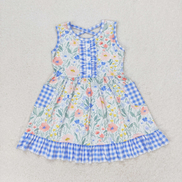 Floral Blue Plaid Pockets Girls Sleeveless Dress