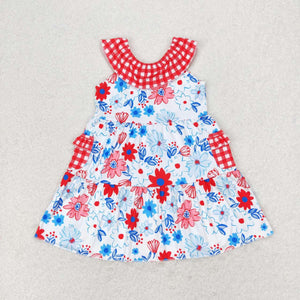 Red Blue Floral Plaid Pockets Girls 4th of July Dress